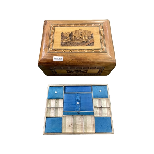 414 - AN ANTIQUE TUNBRIDGE WARE TREEN LADIES BOX - BLUE SILK INTERIOR WITH A LIFT OUT TRAY