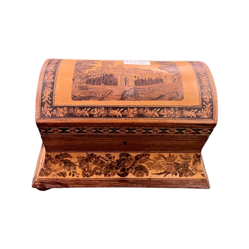 415 - AN ANTIQUE TUNBRIDGE WARE TEA CADDY - DOMED LID ON BUN FEET