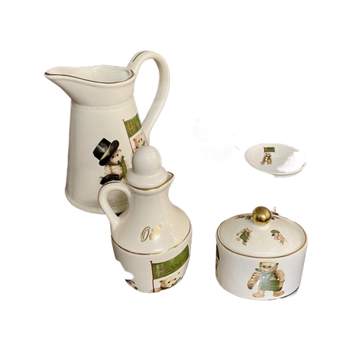 432 - A COLLECTION OF HARRODS OF LONDON CERAMIC WARES - 6 X MUGS, COVERED SUGAR BOWL, OIL JUG AND LARGE MI... 