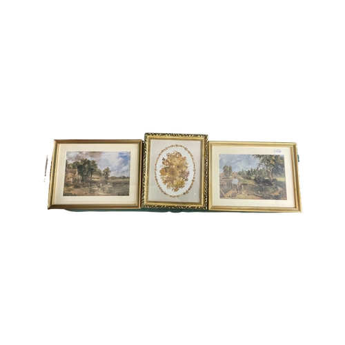 450 - 2 X SMALL FRAMED CONSTABLE PRINTS AND A FRAMED FLORAL ART BY JEAN TONGS