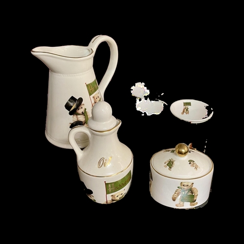 432 - A COLLECTION OF HARRODS OF LONDON CERAMIC WARES - 6 X MUGS, COVERED SUGAR BOWL, OIL JUG AND LARGE MI... 