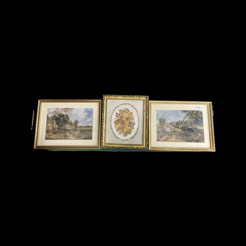 450 - 2 X SMALL FRAMED CONSTABLE PRINTS AND A FRAMED FLORAL ART BY JEAN TONGS