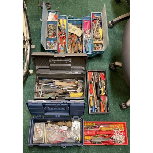 216 - THREE (3) VARIOUS TOOL BOXES AND CONTENTS - A BLUE METAL CANTILEVER TOOL BOX, A CURVER PLASTIC AND T... 