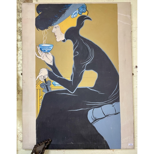 260 - PAINTING ON CANVAS IN THE ART NOUVEAU MANNER - A LADY DRESSED IN BLACK SITTING AT A TABLE DRINKING A... 