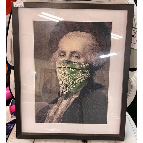 261 - A FRAMED PRINT OF GEORGE WASHINGTON WITH A GREEN SCARF/BANDANA COVERING THE BOTTOM OF HIS FACE - FRA... 