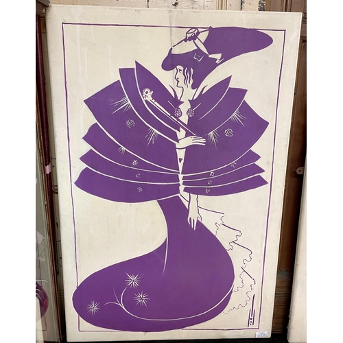 262 - PAINTING ON CANVAS IN THE ART NOUVEAU MANNER - IN MAUVE A STLYISED FEMALE FIGURE WITH HAT AND CAPE H... 