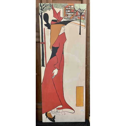 264 - PAINTING ON CANVAS IN THE ART NOUVEAU MANNER -AN ANGULAR PICTURE OF A FEMALE FIGURE IN A RED COAT WI... 