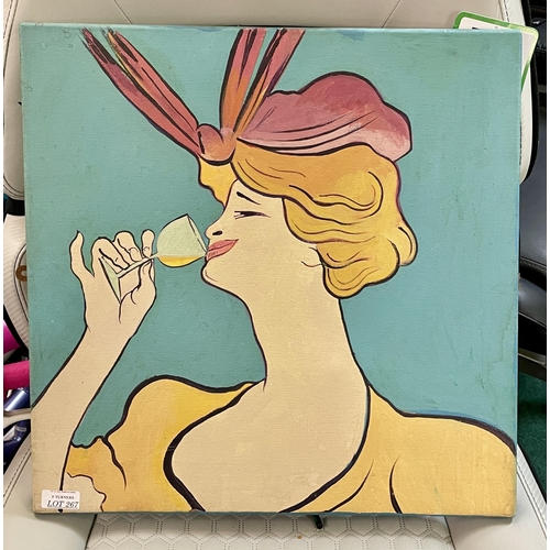 267 - PAINTING ON CANVAS IN THE ART NOUVEAU MANNER - A SMALL SQUARE CANVAS OF A STYLISED HEAD OF A LADY DR... 