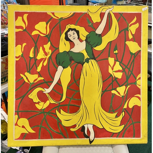 269 - PAINTING ON CANVAS IN THE ART NOUVEAU MANNER - A SQUARE YELLOW, RED AND GREEN CANVASE DEPICTING A DA... 