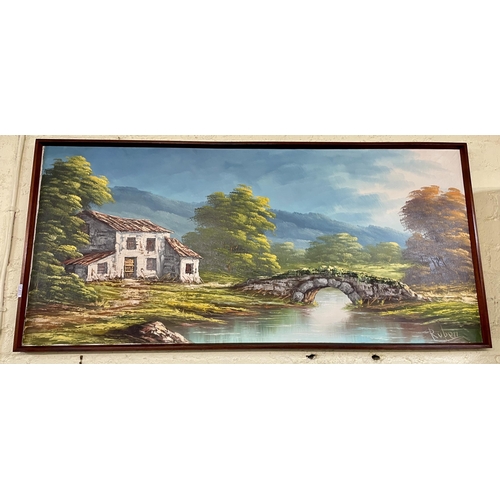 271 - A LARGE FRAMED OIL ON CANVAS LOUNGE PICTURE - A COUNTRY LANDSCAPE DEPICTING A RUN DOWN FARM BUILDING... 