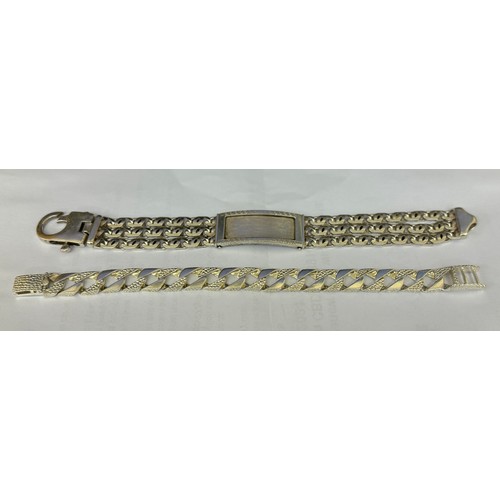 377 - TWO ITALIAN SILVER BRACELETS -THE FIRST AN UNUSUAL THREE STRAND BRACELET WITH LARGE RECTANGULAR PANE... 