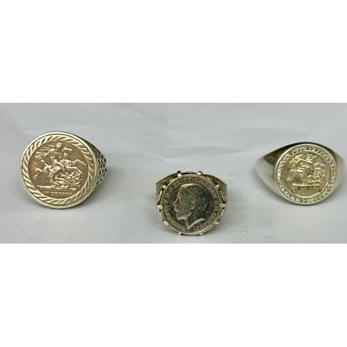 379 - THREE VINTAGE SILVER RING  - TWO BASKET RINGS WITH ST GEORGE COINS THE THIRD A SILVER BASKET SHANK W... 