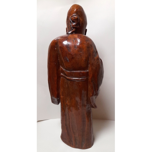 389 - A LARGE 19TH CENTURY CHINESE HARDWOOD FIGURE OF SHOU LAO, 62CM HIGH.