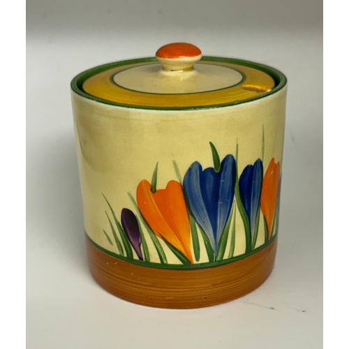 406 - CLARICE CLIFF - BIZARRE PATTERN LIDDED HONEY OR JAM POT, H:8CMS D:7.5CMS