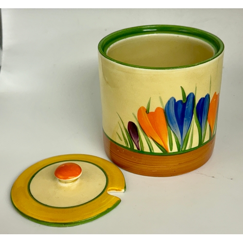 406 - CLARICE CLIFF - BIZARRE PATTERN LIDDED HONEY OR JAM POT, H:8CMS D:7.5CMS