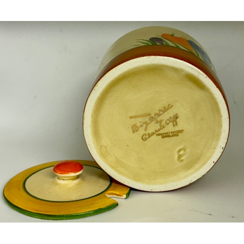 406 - CLARICE CLIFF - BIZARRE PATTERN LIDDED HONEY OR JAM POT, H:8CMS D:7.5CMS