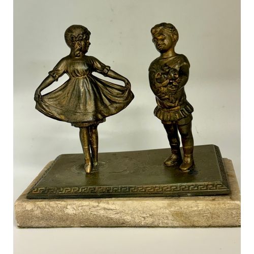 408 - AN UNUSUAL FIGURATIVE GROUP - GILDED BRONZE FIGURE OF CHILDREN (GIRL & BOY) ON A STAND ATTACHED TO A... 