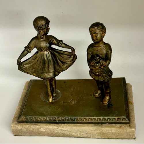 408 - AN UNUSUAL FIGURATIVE GROUP - GILDED BRONZE FIGURE OF CHILDREN (GIRL & BOY) ON A STAND ATTACHED TO A... 