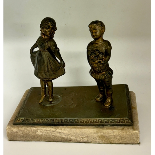 408 - AN UNUSUAL FIGURATIVE GROUP - GILDED BRONZE FIGURE OF CHILDREN (GIRL & BOY) ON A STAND ATTACHED TO A... 