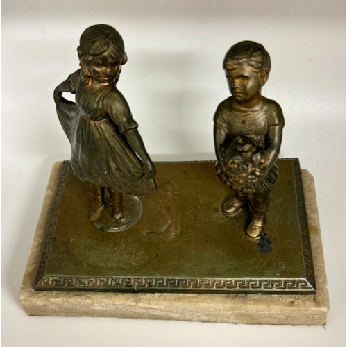 408 - AN UNUSUAL FIGURATIVE GROUP - GILDED BRONZE FIGURE OF CHILDREN (GIRL & BOY) ON A STAND ATTACHED TO A... 