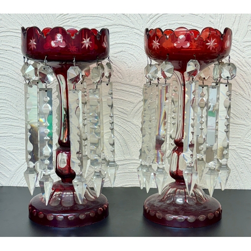 410 - A PAIR OF VICTORIAN RUBY GLASS LUSTRES, EACH WITH 10 CLEAR CRYSTAL DROPS, SHAPED BOWLS WITH TPAERED ... 