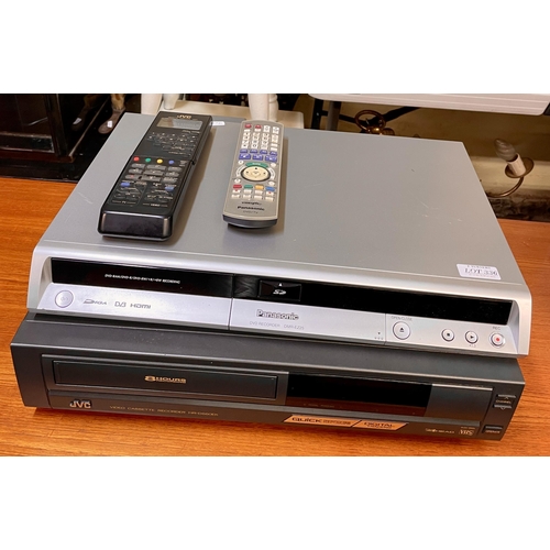 336 - A PANASONIC DVD RECORDER TOGETHER WITH A JVC VIDEO CASSETTE RECORDER WITH R/C'S AND POWER LEADS