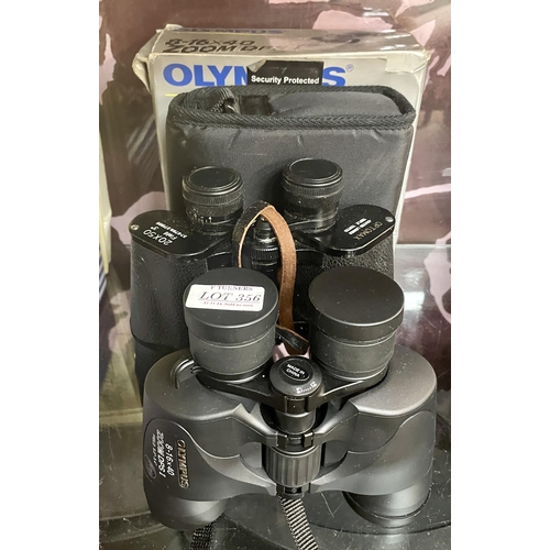 356 - AN OLYMPUS 8-16X40 ZOOM BINOCULAR SET WITH BOX AND CARRY CASE TOGETHER WITH A PAIR OF OPTIMAX 20X50 ... 