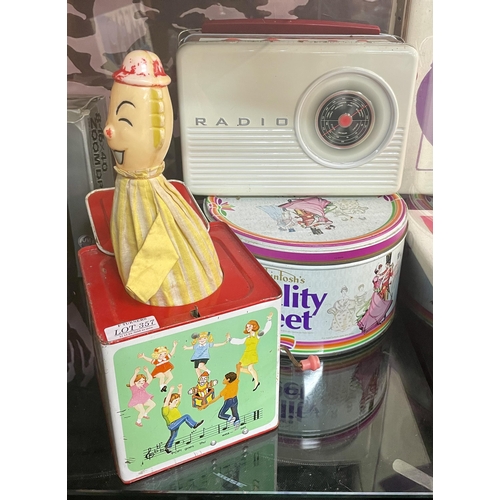 357 - VARIOUS TINS - TIN IN SHAPE OF A RADIO, VINTAGE QUALITY STREET TIN AND A HONG KONG MADE ROMPER ROOM ... 