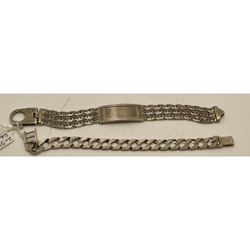 377 - TWO ITALIAN SILVER BRACELETS -THE FIRST AN UNUSUAL THREE STRAND BRACELET WITH LARGE RECTANGULAR PANE... 