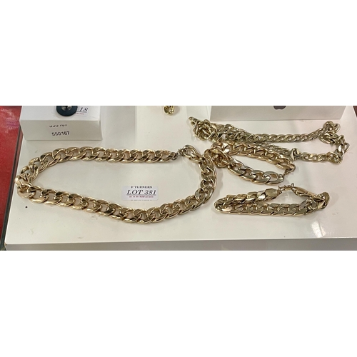 381 - TW0 GOLD PLATED GENTS CURB LINK NECKLACES & 2 OTHER AND TWO GOLD PLATED CURB BRACELETS