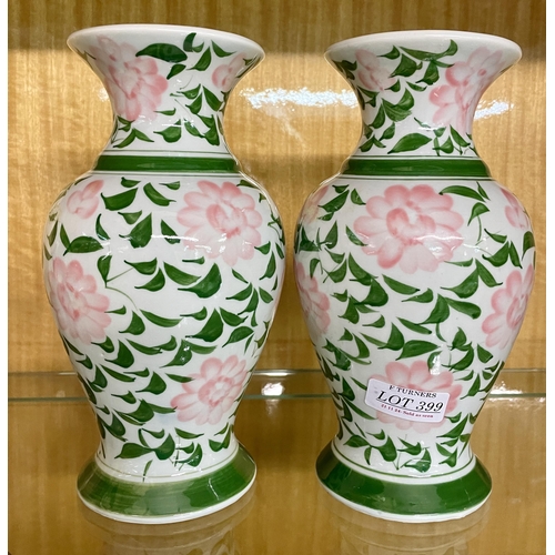 399 - PAIR OF GREEN/PINK FLORAL VASES - 20CM H