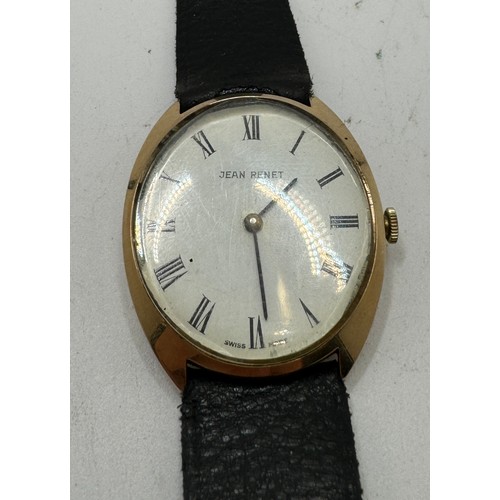 375 - A 9CT YELLOW GOLD JEAN RENET WRISTWATCH - OVAL DIAL WITH ROMAN NUMERALS - GOLD CASE MARKED 9CT GOLD ... 