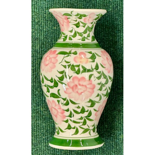 399 - PAIR OF GREEN/PINK FLORAL VASES - 20CM H