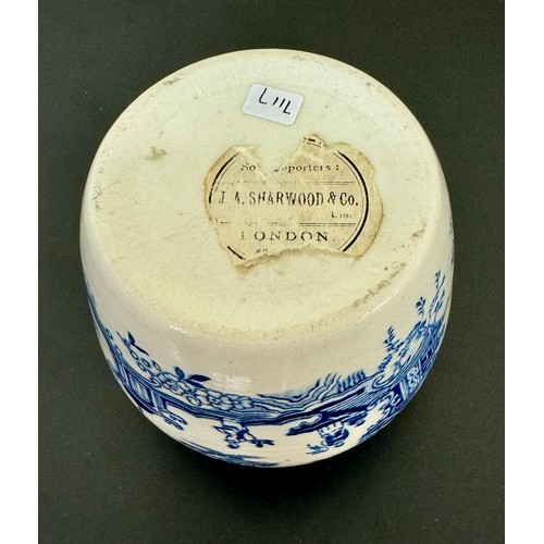 392 - ANTIQUE BLUE & WHITE GINGER JAR -JAPANESE EARLY 20TH C.LABELLED TO BASE - 'J A SHARWOOD & CO LONDON ... 