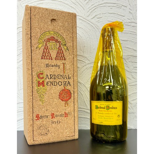 442 - A BOTTLE OF CARDENAL MENDOZA BRANDY SEALED IN CELLOPHANE WITH ORIGINAL CORK BOX TOGETHER WITH A BOTT... 