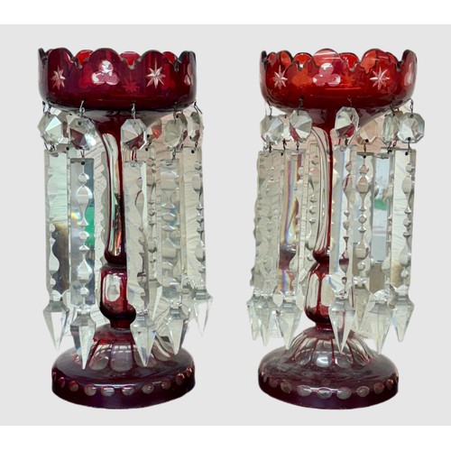 410 - A PAIR OF VICTORIAN RUBY GLASS LUSTRES, EACH WITH 10 CLEAR CRYSTAL DROPS, SHAPED BOWLS WITH TPAERED ... 