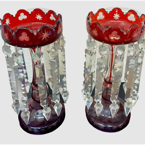 410 - A PAIR OF VICTORIAN RUBY GLASS LUSTRES, EACH WITH 10 CLEAR CRYSTAL DROPS, SHAPED BOWLS WITH TPAERED ... 