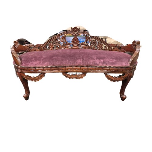 402 - A SMALL CHINESE DAY BED, MAHOGANY FRAMED WITH LATER PINK VELOUR UPHOLSTERY - 126CMW X 50CMD X 70CMH