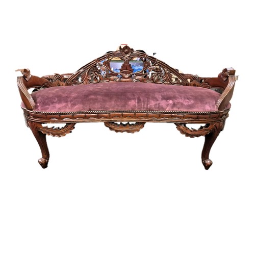 402 - A SMALL CHINESE DAY BED, MAHOGANY FRAMED WITH LATER PINK VELOUR UPHOLSTERY - 126CMW X 50CMD X 70CMH