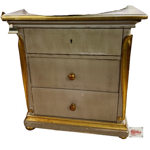 303 - A GILT AND SILVER GREY NIGHTSTAND - WITH THREE DRAWERS -THE TOP DRAWER LOCKABLE WITH TWO LOWER DRAWE... 