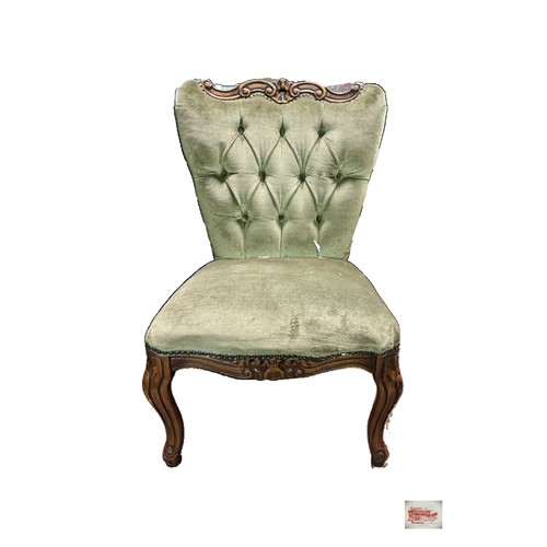 300 - A VICTORIAN WALNUT GREEN BUTTON BACK UPHOLSTERED GRANDMOTHER OR BEDROOM CHAIR