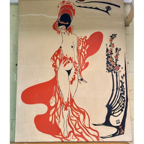 259 - AN PAINTING ON CANVAS IN THE ART NOUVEAU MANNER -A NUDE FEMALE FIGURE IN HAT -SIGNED BOTTOM RIGHT 'S... 