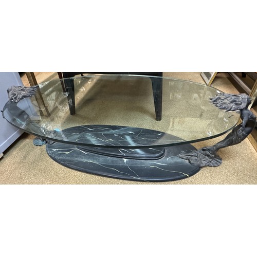 309 - AN ITALIAN OVAL GLASS AND BURNISHED MERMAID DECORATION COFFEE TABLE WITH OVAL WOODEN BASE WITH DECOR... 