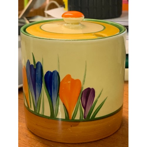 406 - CLARICE CLIFF - BIZARRE PATTERN LIDDED HONEY OR JAM POT, H:8CMS D:7.5CMS