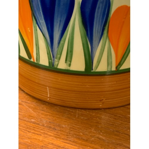 406 - CLARICE CLIFF - BIZARRE PATTERN LIDDED HONEY OR JAM POT, H:8CMS D:7.5CMS