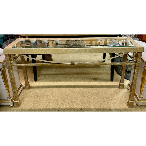 287 - AN ITALIAN BRASS & GLASS HALL OR CONSOLE TABLE WITH SWAGGED DESIGN TO UNDER SUPPORT ON SQUARE LEGS W... 