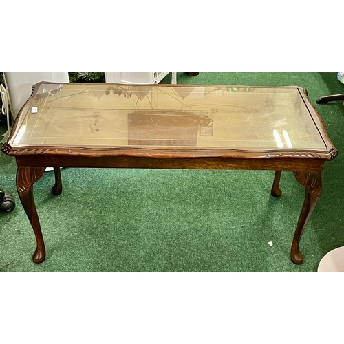 298 - A RECTANGULAR MAHOGANY INLAID REPRODUCTION CENTRE OR COFFEE TABLE WITH INSET GLASS SHAPED SIDES WITH... 