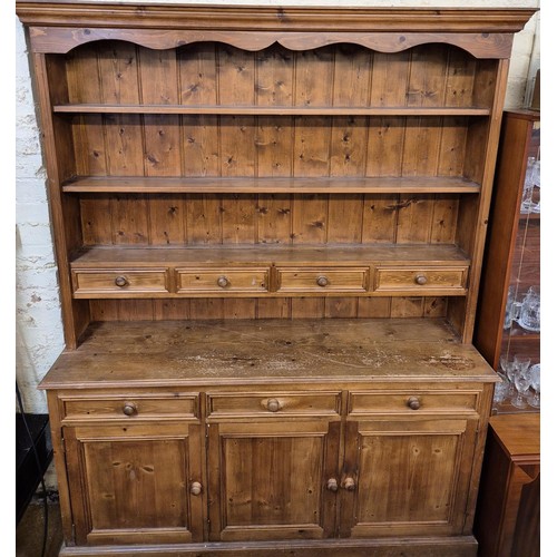 341 - LARGE ANTIQUE GOOD QUALITY PINE DRESSER, THREE OPEN SHELVES ABOVE FOUR HERB DRAWERS, THE CABINET BAS... 