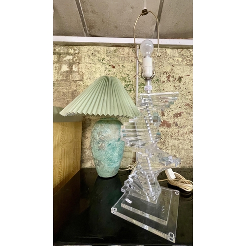 277 - AN ACRYLLIC DESIGNER TABLE LAMP AND A GREEN CERAMIC TABLE LAMP AND SHADE