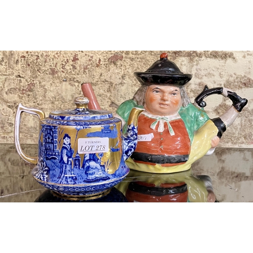 278 - A JAMES KENT OLD FOLEY EASTERN GLORY TEAPOT AND A A VICTORIAN COMICAL TEAPOT WITH LID OF A FIGURE HO... 